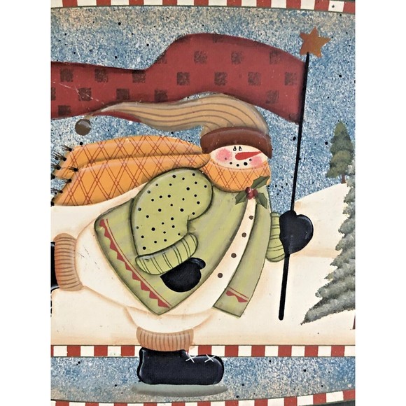 Decorated Oval Wooden Basket Lid Snowman Skating Primitive Green Christmas 9x5 - Picture 3 of 3